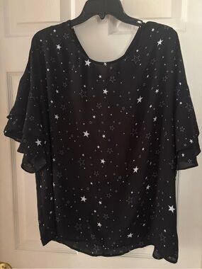 a.n.a Black Star-Print Flutter Sleeve Blouse